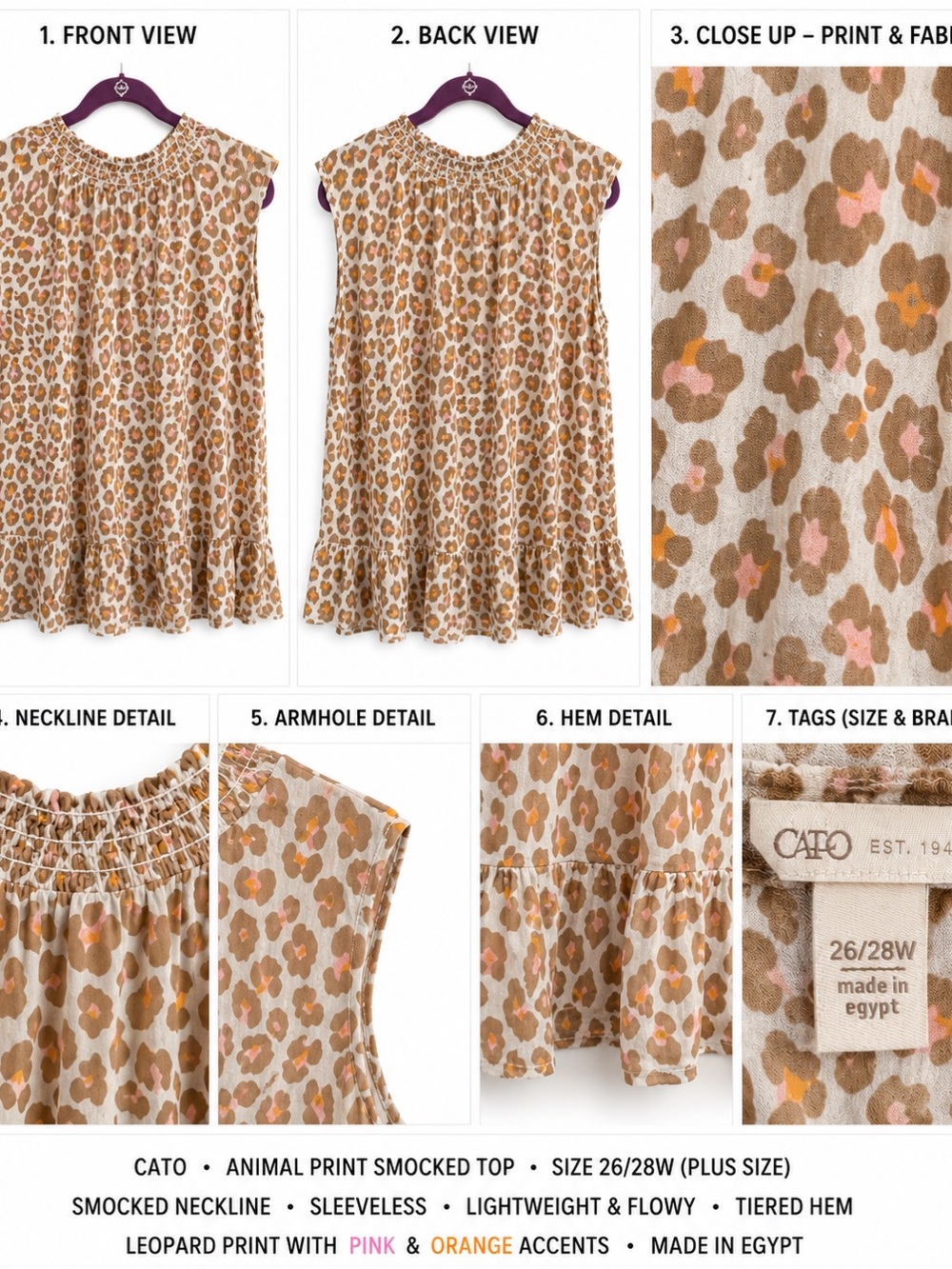 Cato Animal Print Smocked Peasant Top 26/28W Plus Size Pink Orange Leopard